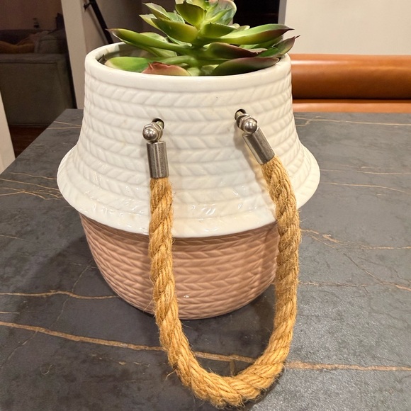 Two-Tone Ceramic Succulent Planter with Rope Handles - Picture 4 of 7